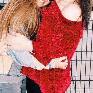 Red off the shoulder sweater